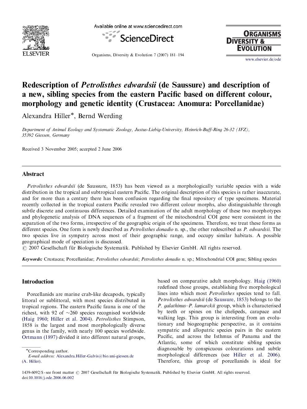 Redescription of Petrolisthes edwardsii (de Saussure) and description of a new, sibling species from the eastern Pacific based on different colour, morphology and genetic identity (Crustacea: Anomura: Porcellanidae)