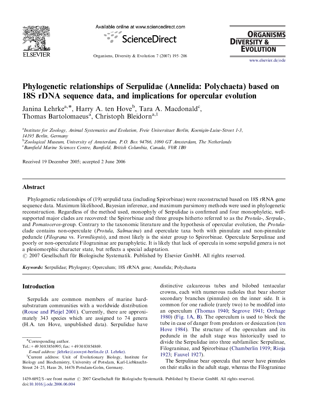 Phylogenetic relationships of Serpulidae (Annelida: Polychaeta) based on 18S rDNA sequence data, and implications for opercular evolution