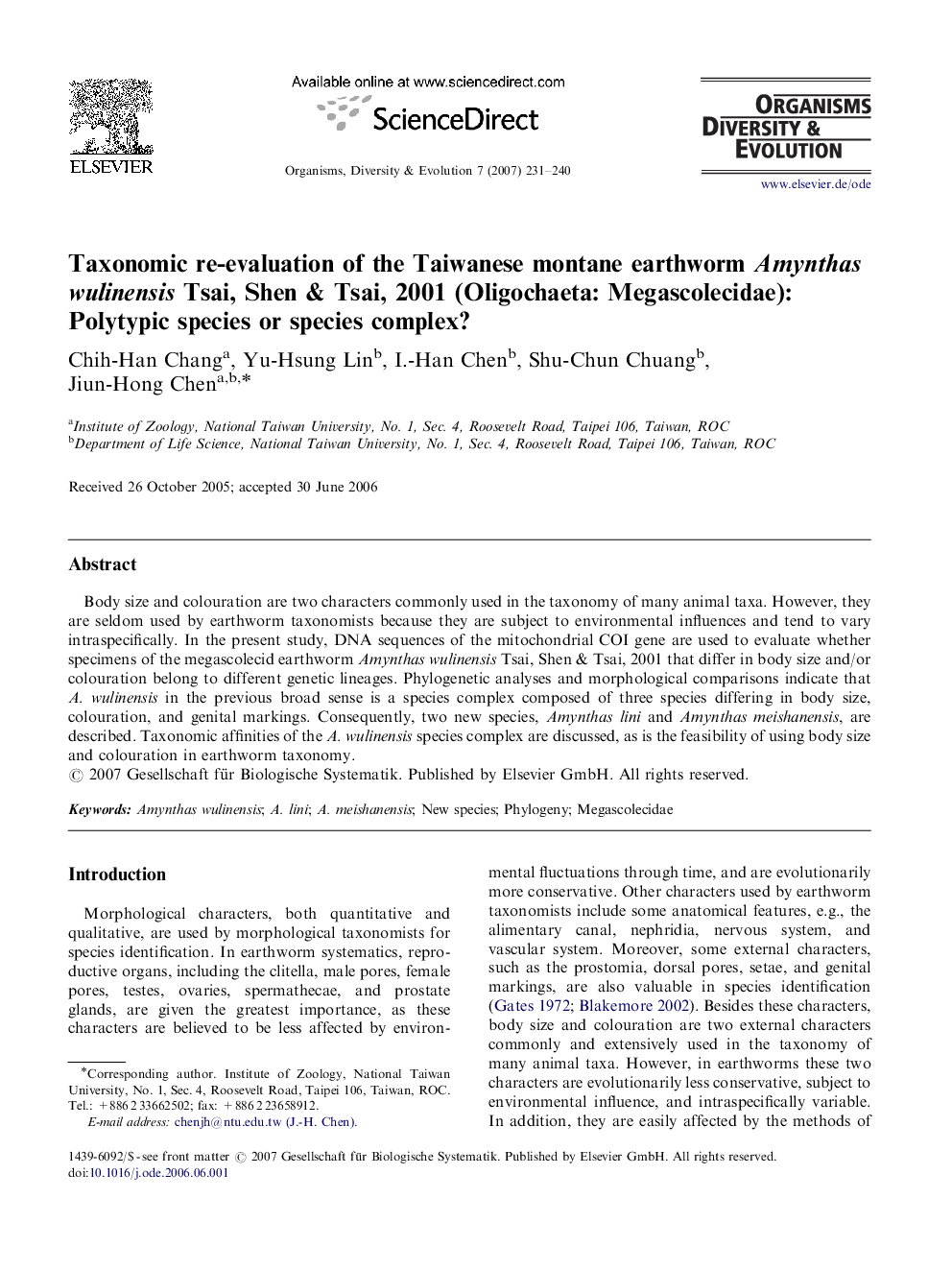 Taxonomic re-evaluation of the Taiwanese montane earthworm Amynthas wulinensis Tsai, Shen & Tsai, 2001 (Oligochaeta: Megascolecidae): Polytypic species or species complex?