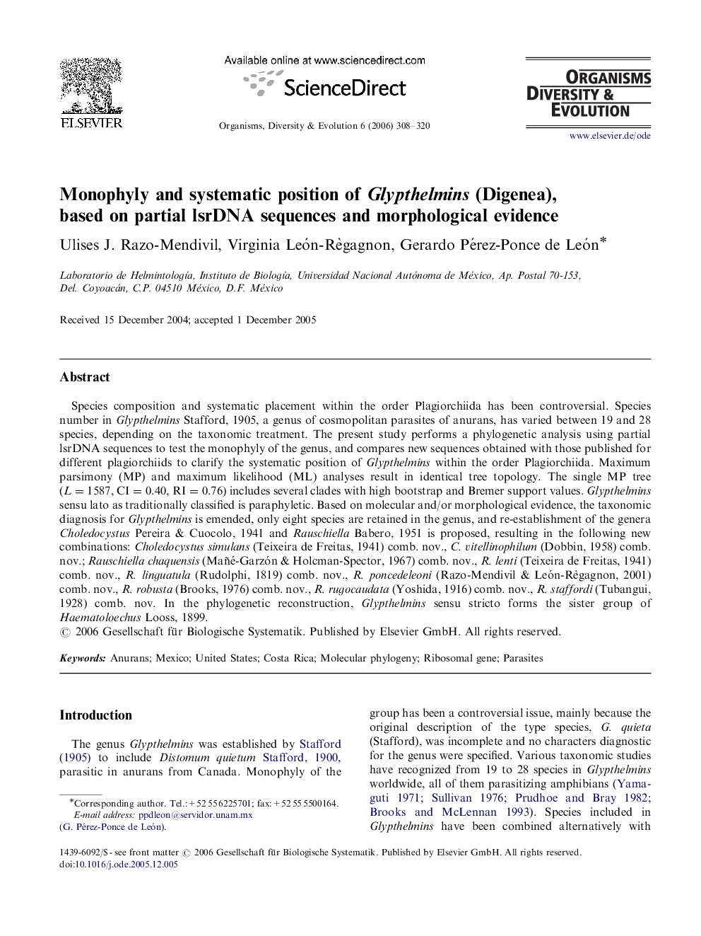 Monophyly and systematic position of Glypthelmins (Digenea), based on partial lsrDNA sequences and morphological evidence