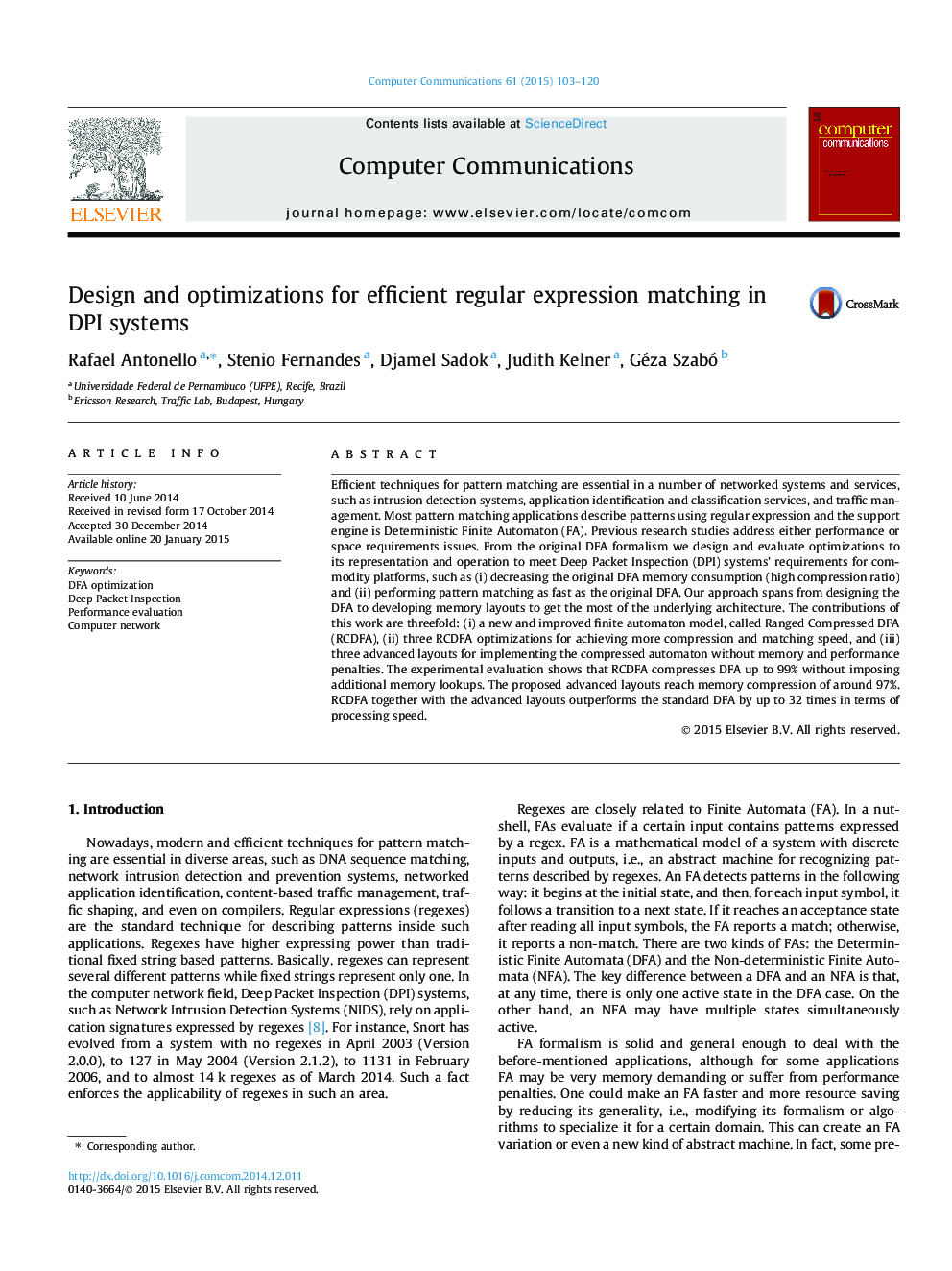 Design and optimizations for efficient regular expression matching in DPI systems