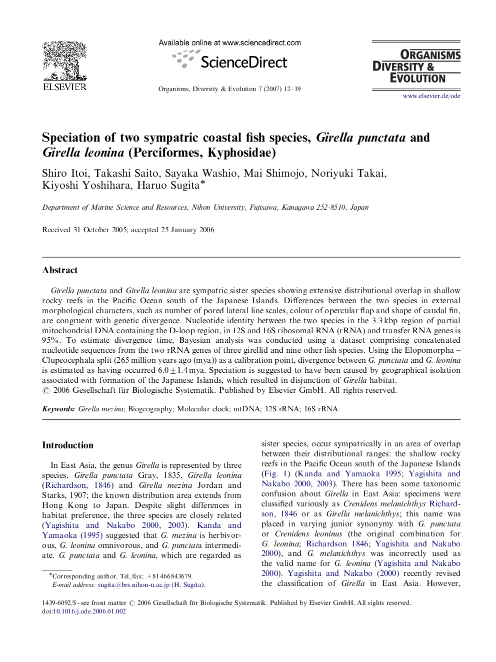 Speciation of two sympatric coastal fish species, Girella punctata and Girella leonina (Perciformes, Kyphosidae)