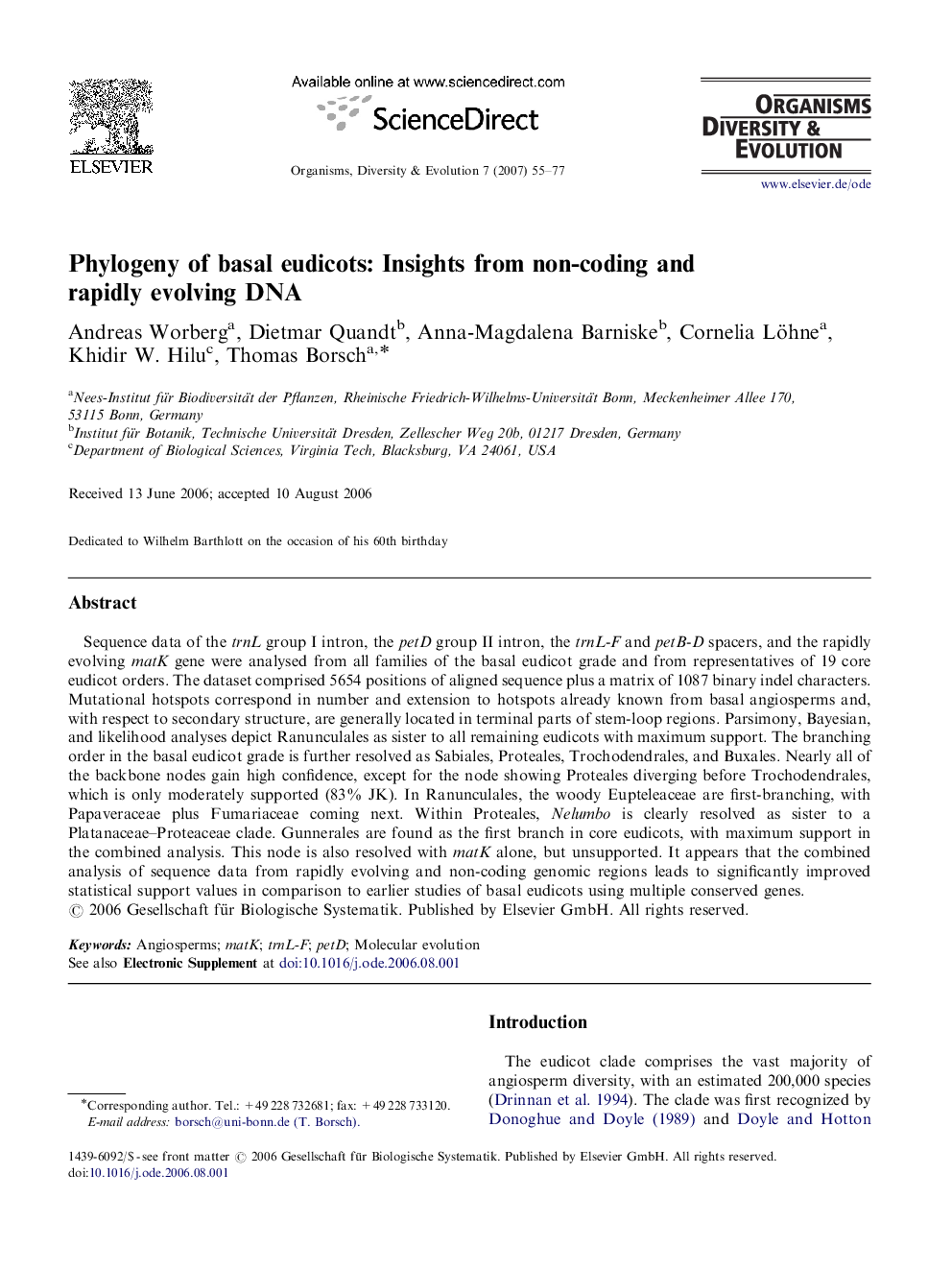 Phylogeny of basal eudicots: Insights from non-coding and rapidly evolving DNA