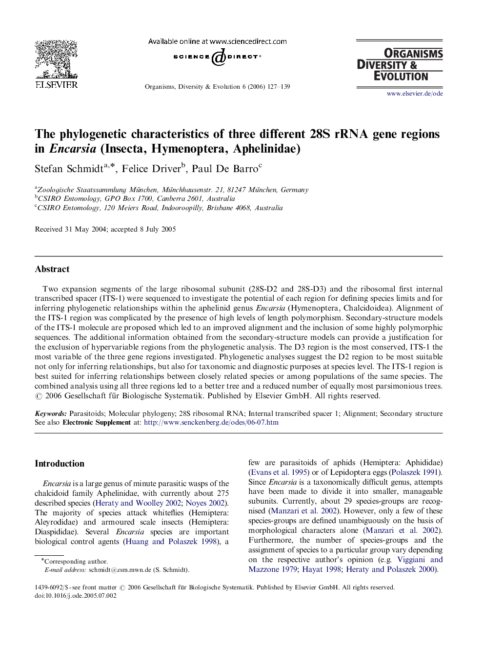 The phylogenetic characteristics of three different 28S rRNA gene regions in Encarsia (Insecta, Hymenoptera, Aphelinidae)