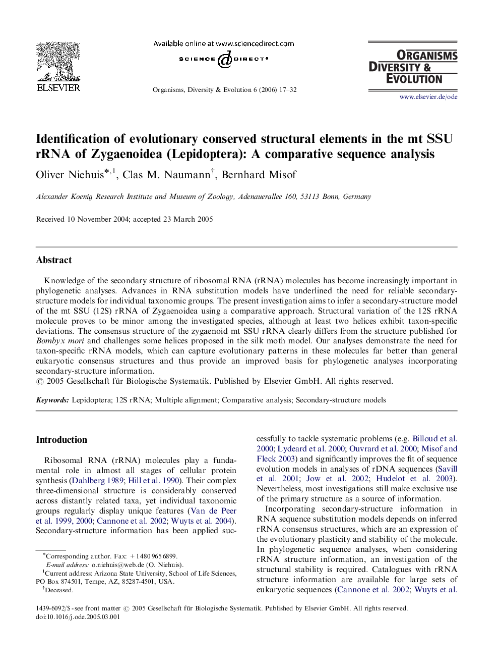 Identification of evolutionary conserved structural elements in the mt SSU rRNA of Zygaenoidea (Lepidoptera): A comparative sequence analysis