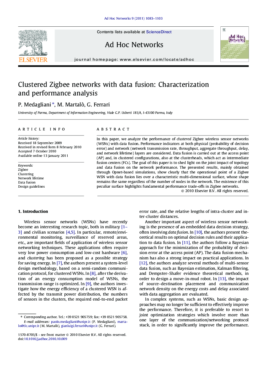 Clustered Zigbee networks with data fusion: Characterization and performance analysis