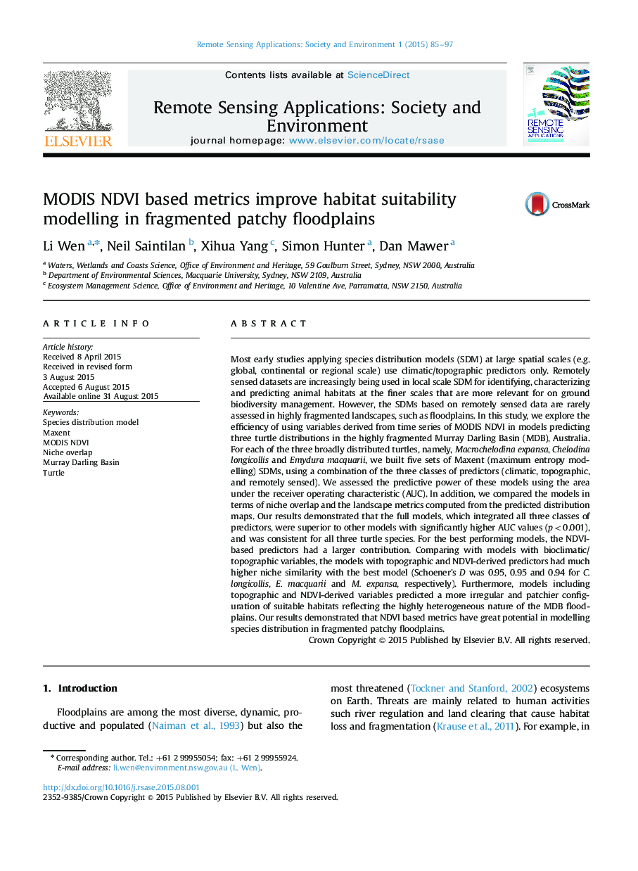 MODIS NDVI based metrics improve habitat suitability modelling in fragmented patchy floodplains