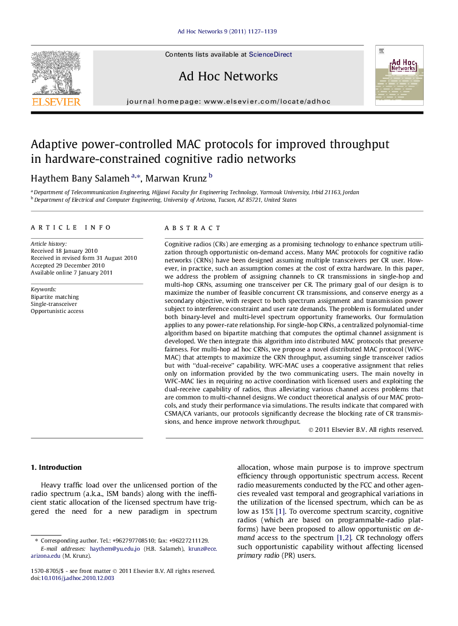 Adaptive power-controlled MAC protocols for improved throughput in hardware-constrained cognitive radio networks