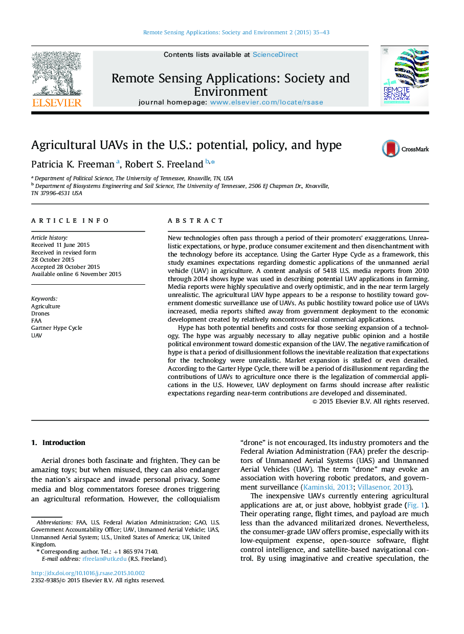 Agricultural UAVs in the U.S.: potential, policy, and hype