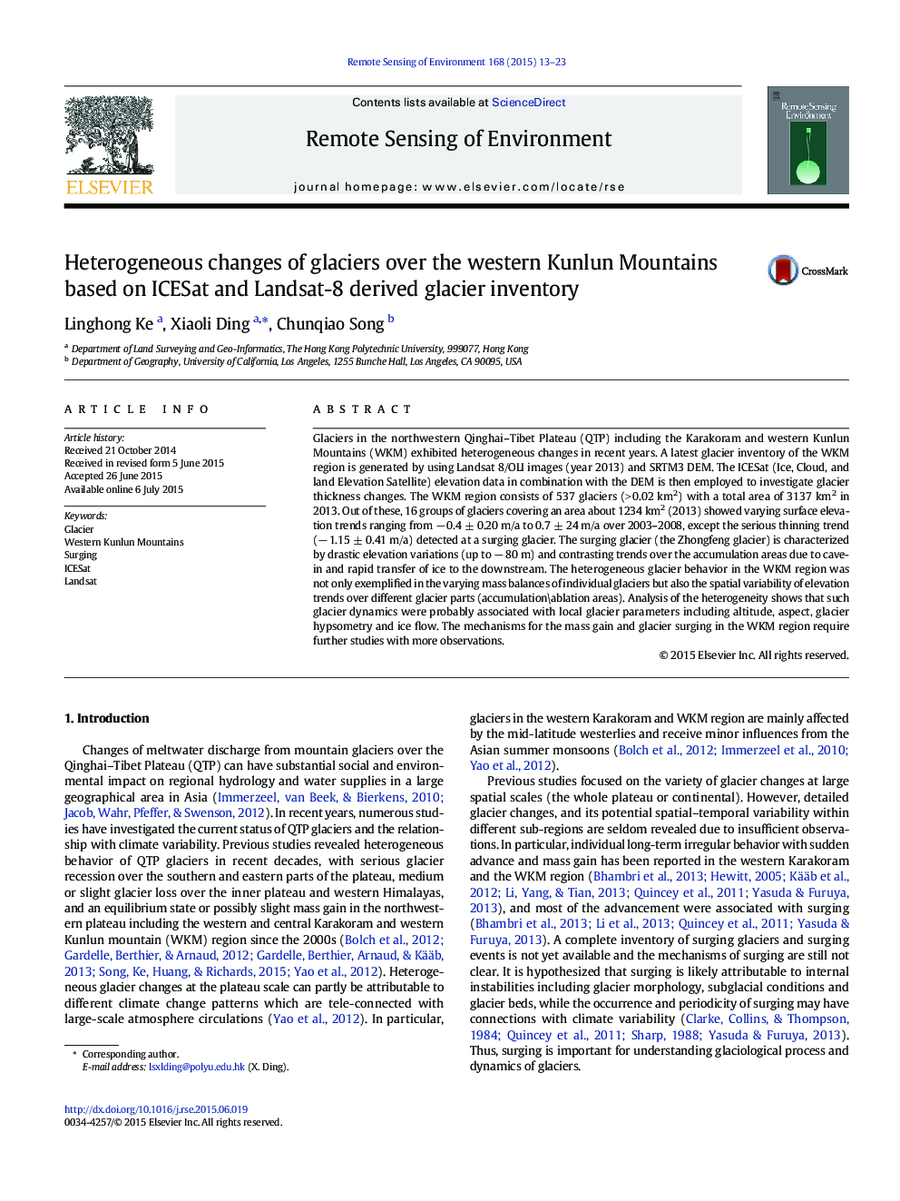 Heterogeneous changes of glaciers over the western Kunlun Mountains based on ICESat and Landsat-8 derived glacier inventory