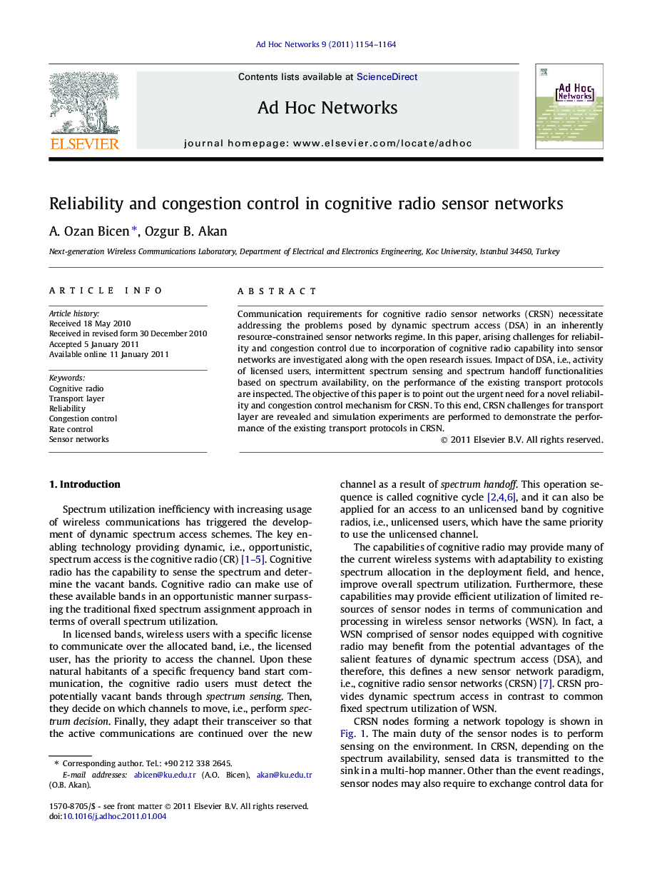 Reliability and congestion control in cognitive radio sensor networks