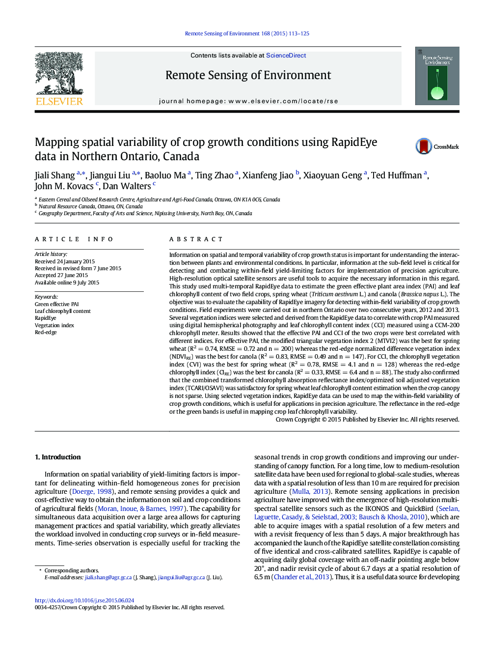 Mapping spatial variability of crop growth conditions using RapidEye data in Northern Ontario, Canada