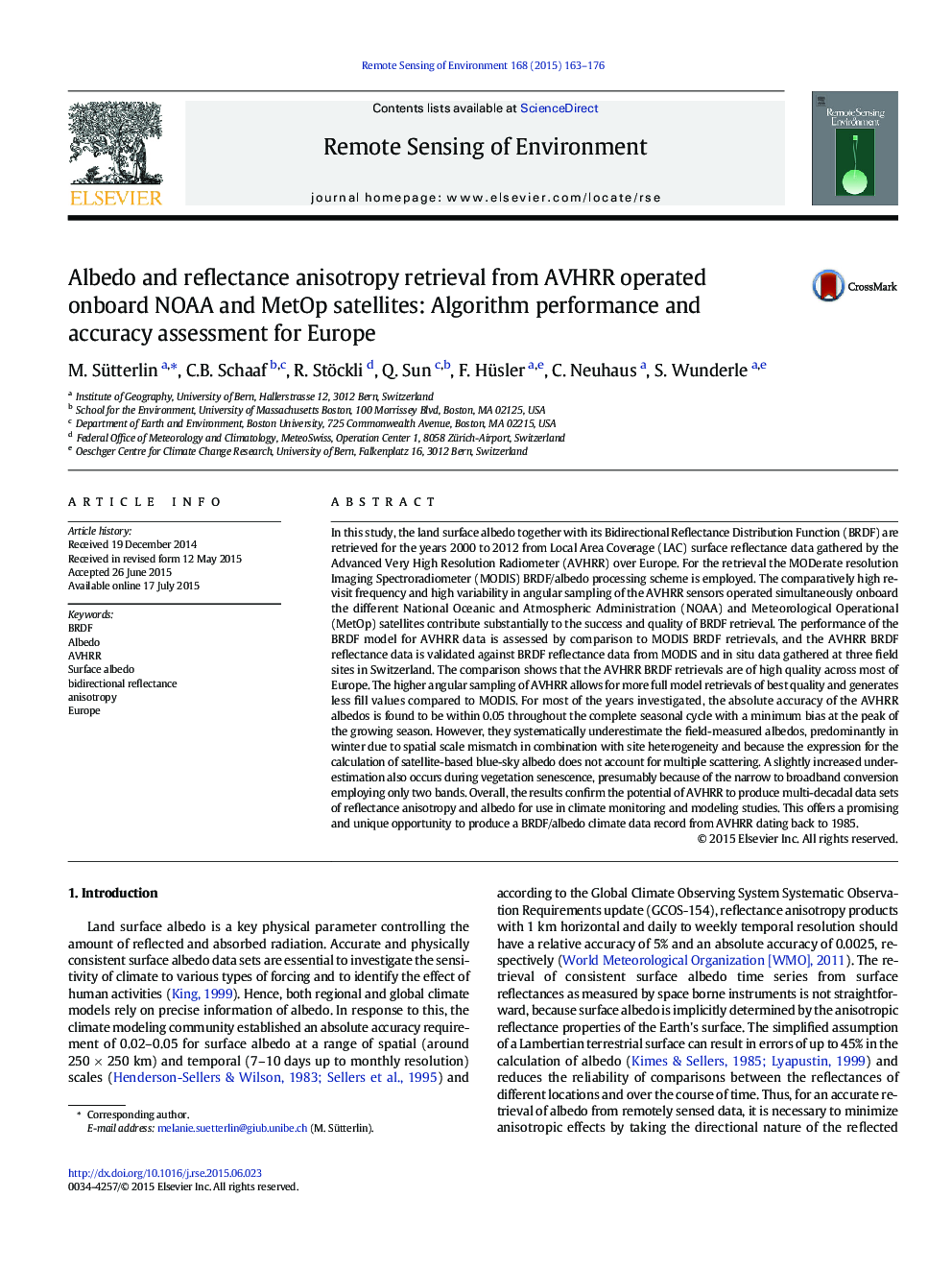 Albedo and reflectance anisotropy retrieval from AVHRR operated onboard NOAA and MetOp satellites: Algorithm performance and accuracy assessment for Europe