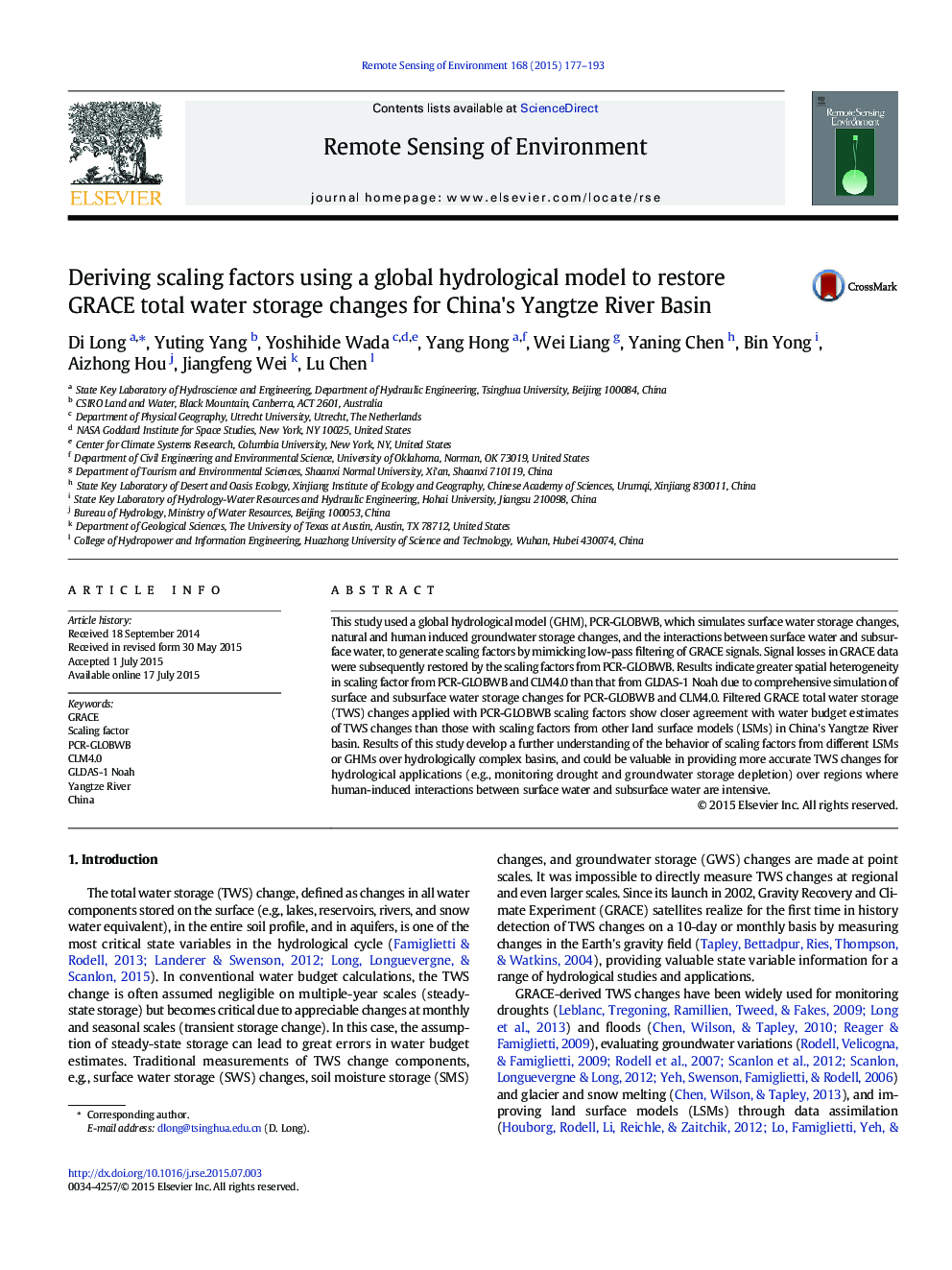 Deriving scaling factors using a global hydrological model to restore GRACE total water storage changes for China's Yangtze River Basin