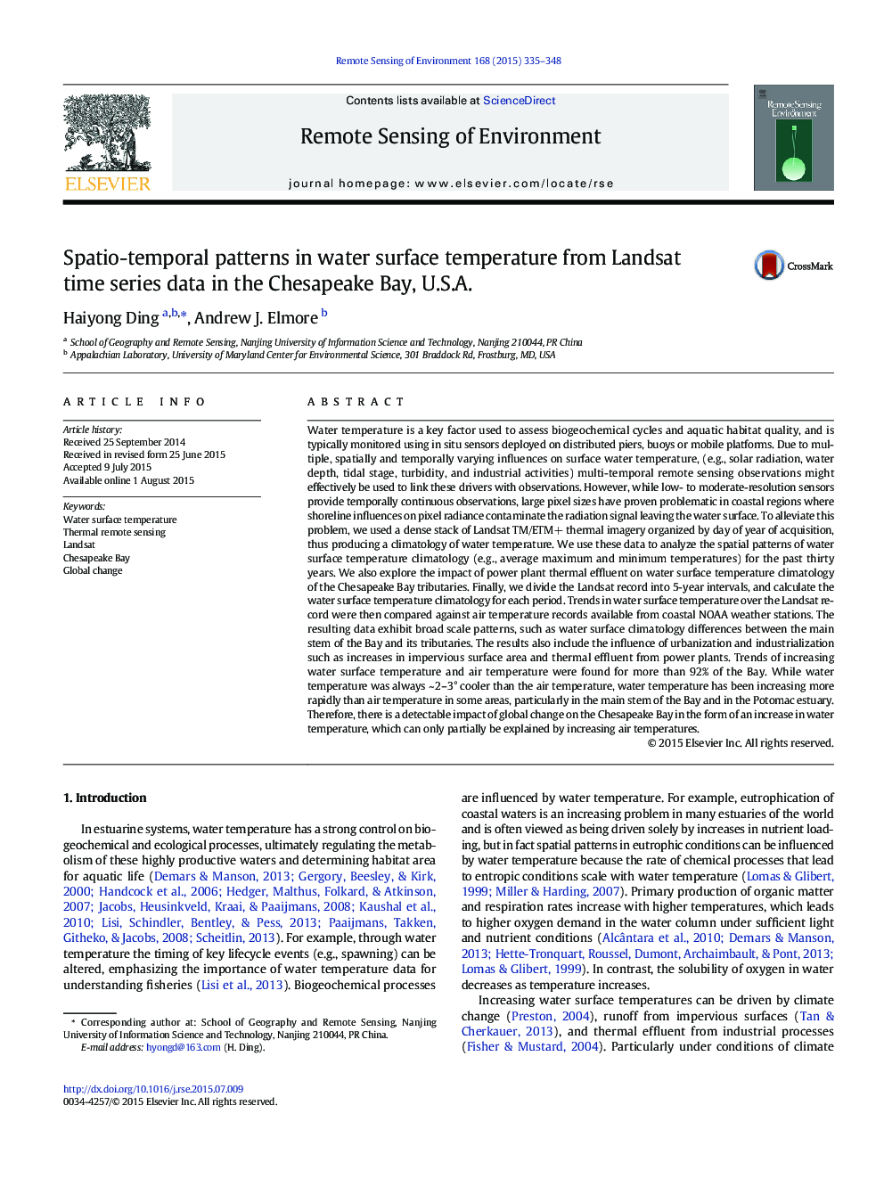 Spatio-temporal patterns in water surface temperature from Landsat time series data in the Chesapeake Bay, U.S.A.