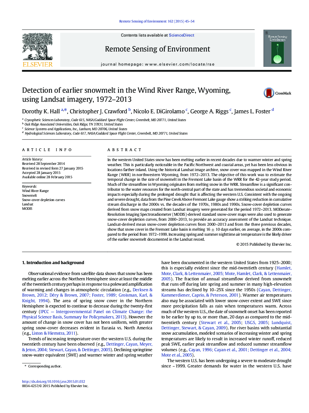 Detection of earlier snowmelt in the Wind River Range, Wyoming, using Landsat imagery, 1972–2013