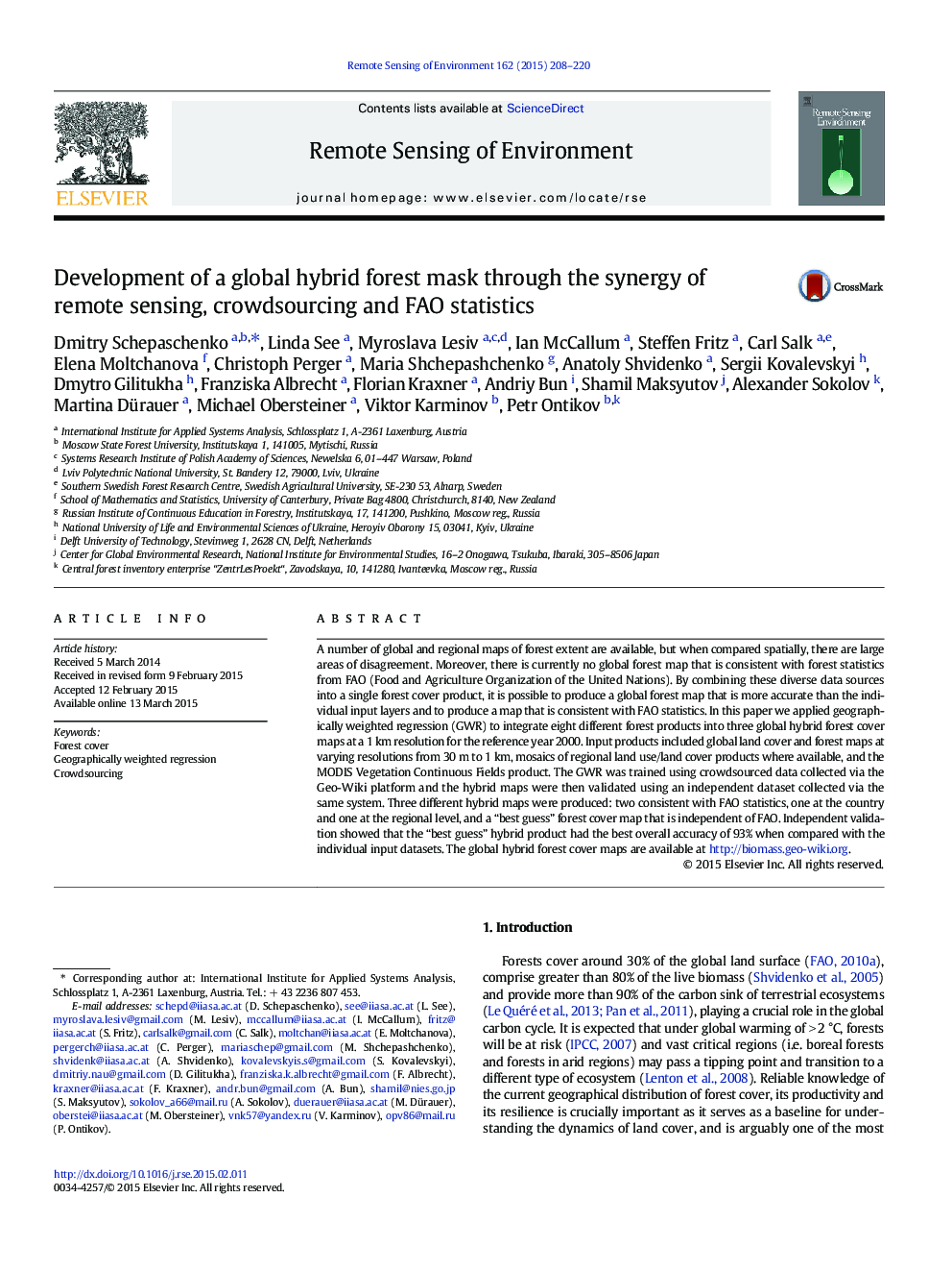 Development of a global hybrid forest mask through the synergy of remote sensing, crowdsourcing and FAO statistics