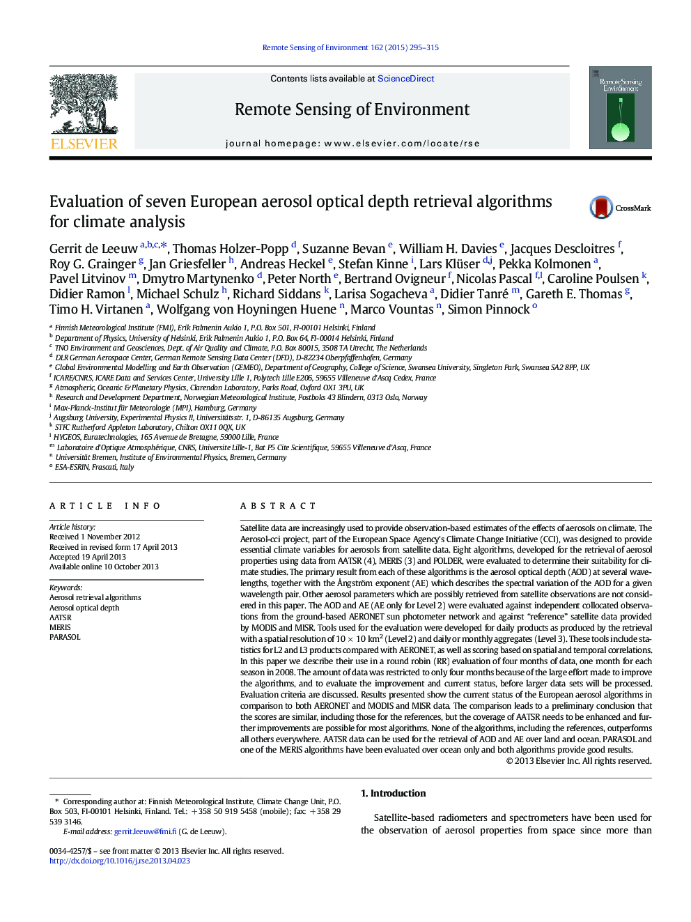 Evaluation of seven European aerosol optical depth retrieval algorithms for climate analysis