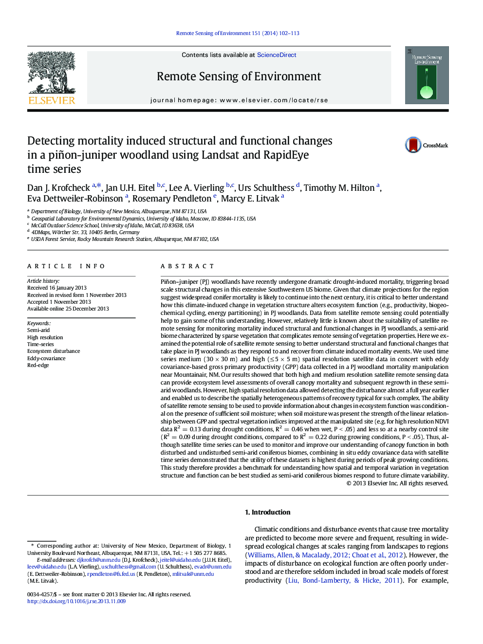 Detecting mortality induced structural and functional changes in a piñon-juniper woodland using Landsat and RapidEye time series