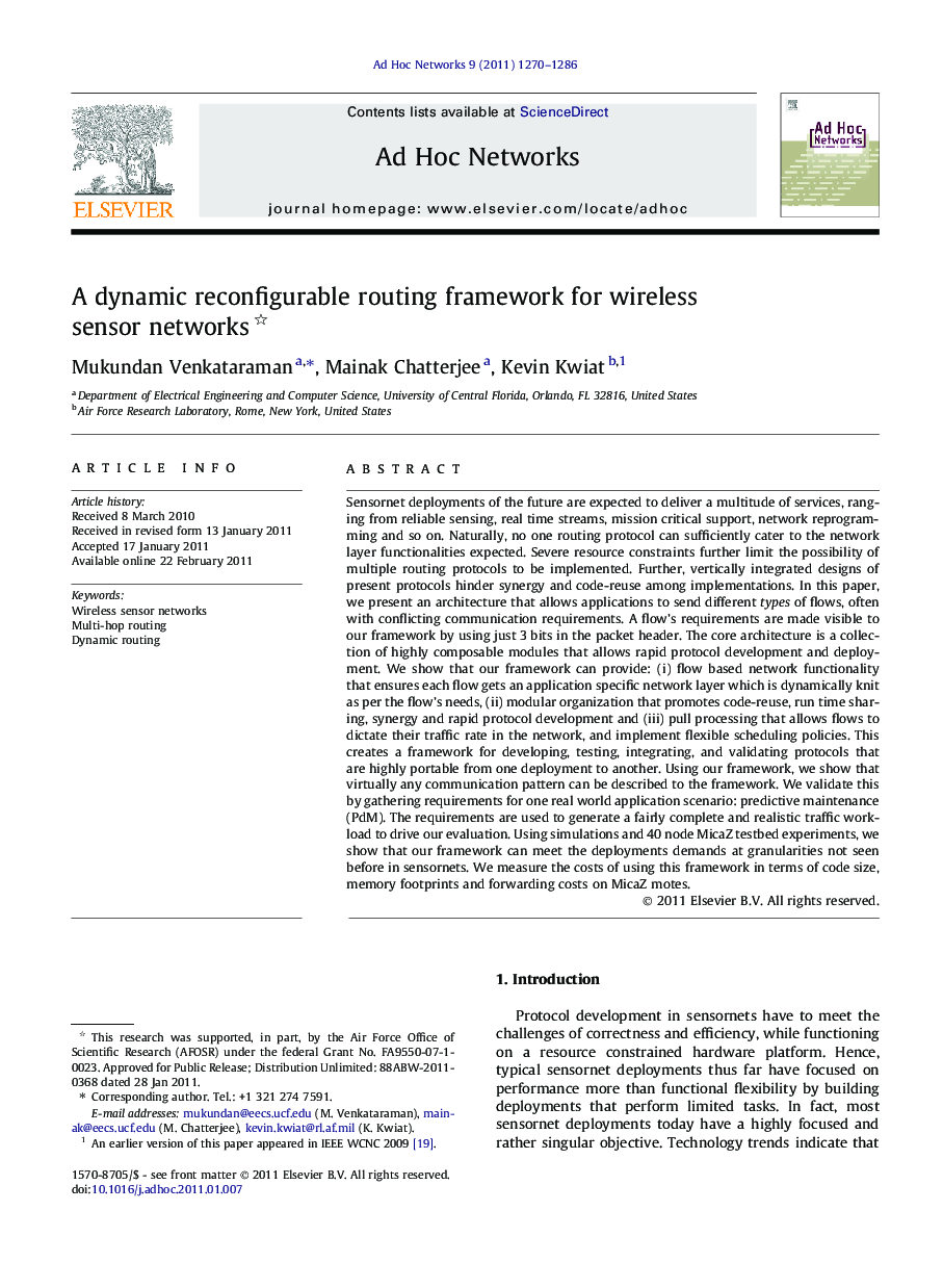 A dynamic reconfigurable routing framework for wireless sensor networks 