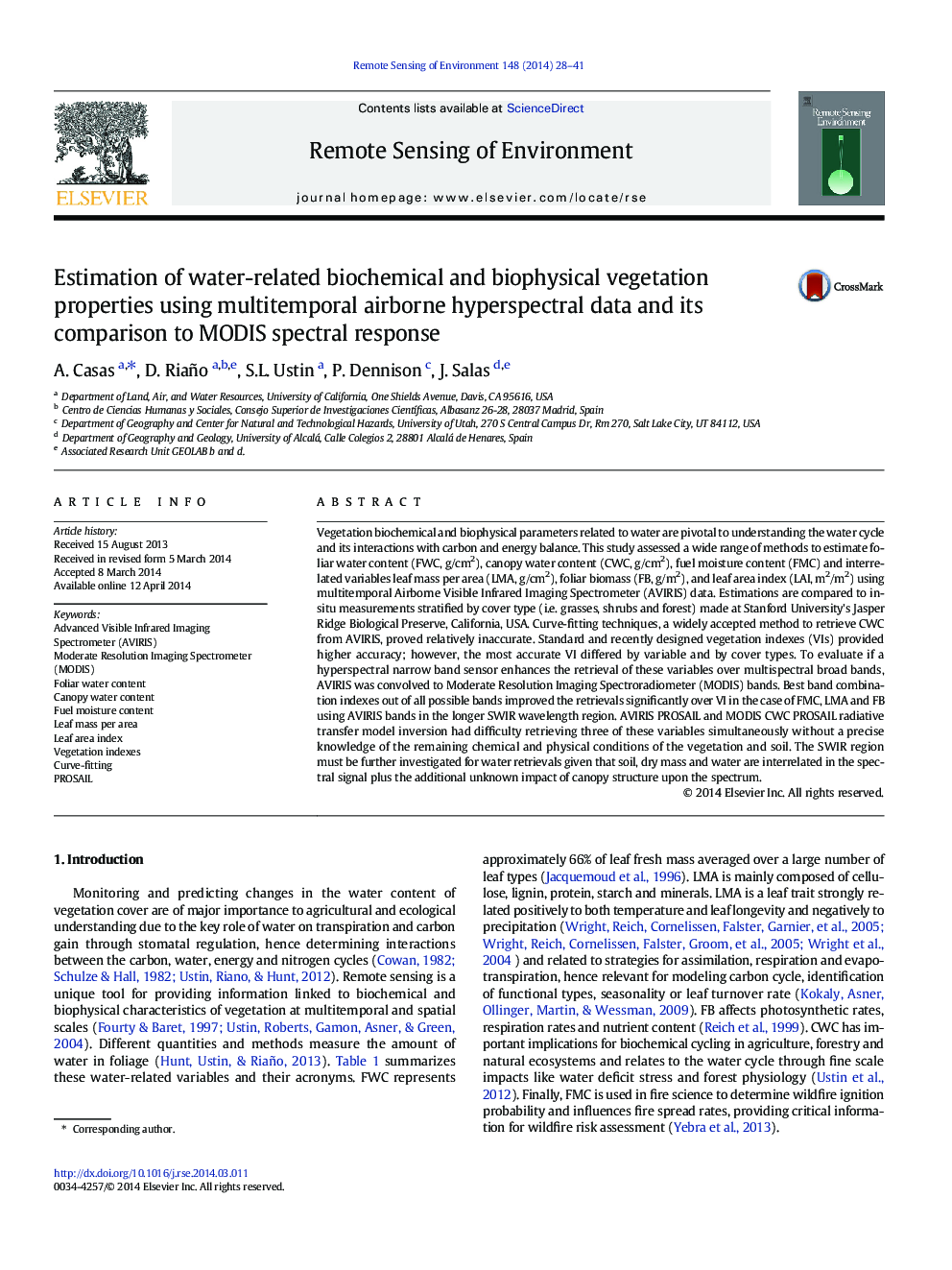 Estimation of water-related biochemical and biophysical vegetation properties using multitemporal airborne hyperspectral data and its comparison to MODIS spectral response