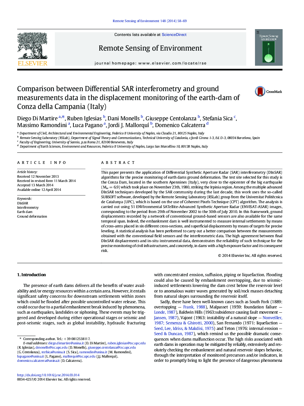 Comparison between Differential SAR interferometry and ground measurements data in the displacement monitoring of the earth-dam of Conza della Campania (Italy)