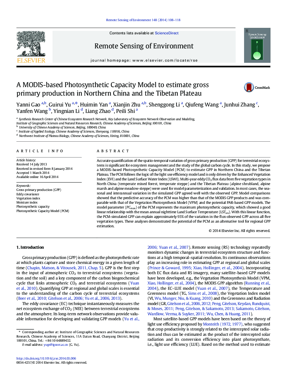 A MODIS-based Photosynthetic Capacity Model to estimate gross primary production in Northern China and the Tibetan Plateau