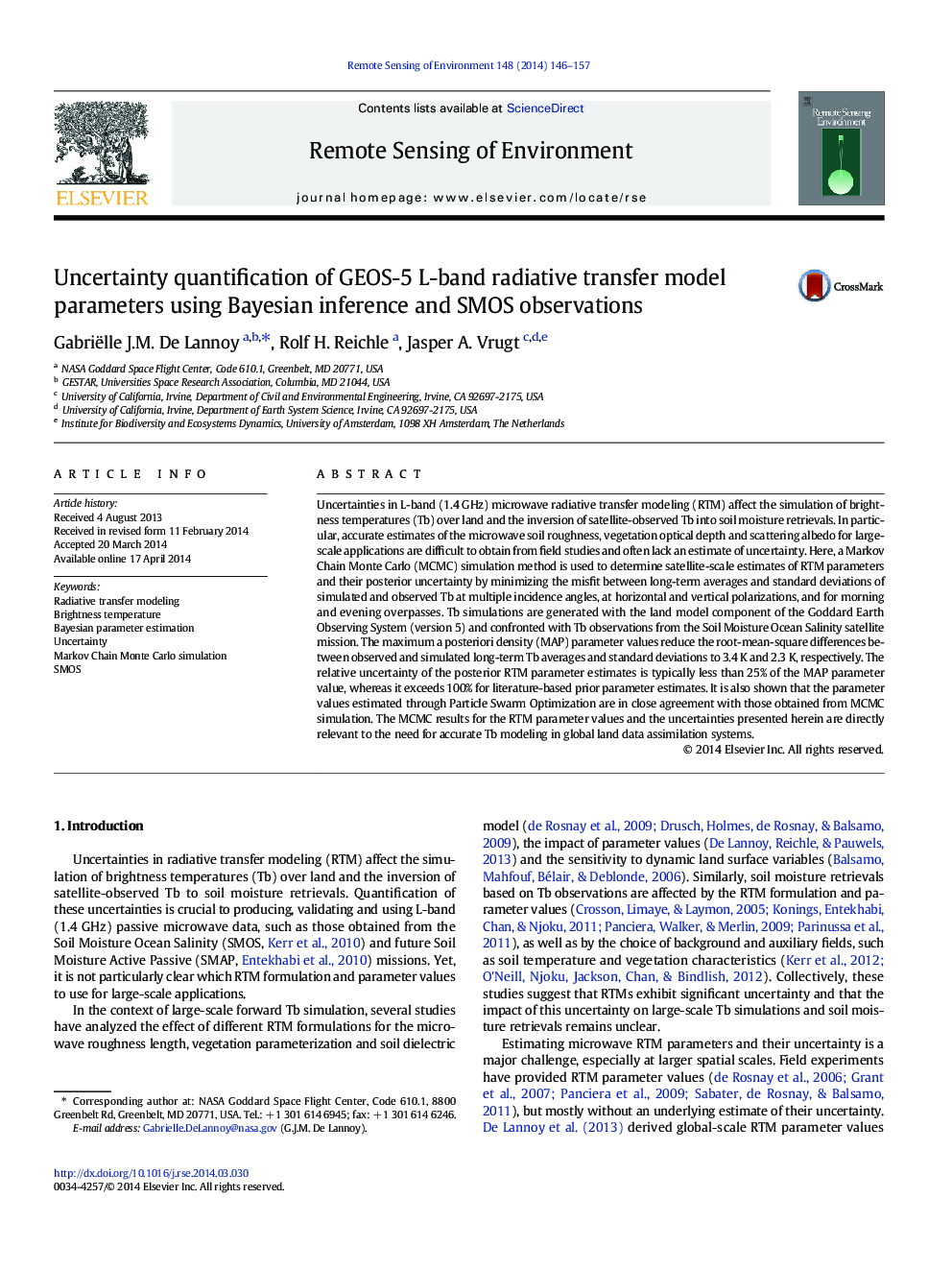 Uncertainty quantification of GEOS-5 L-band radiative transfer model parameters using Bayesian inference and SMOS observations