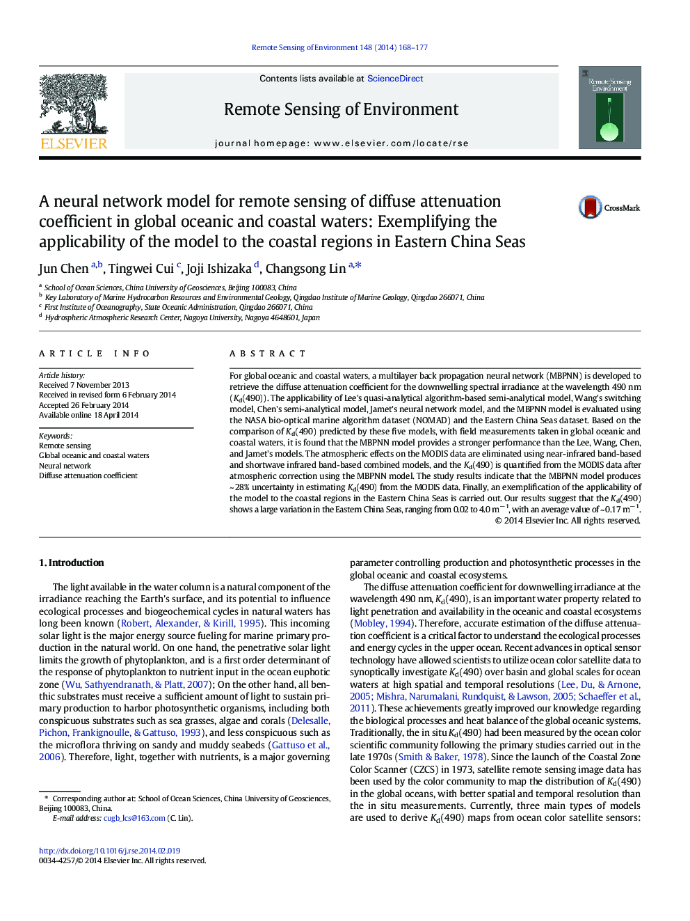 A neural network model for remote sensing of diffuse attenuation coefficient in global oceanic and coastal waters: Exemplifying the applicability of the model to the coastal regions in Eastern China Seas