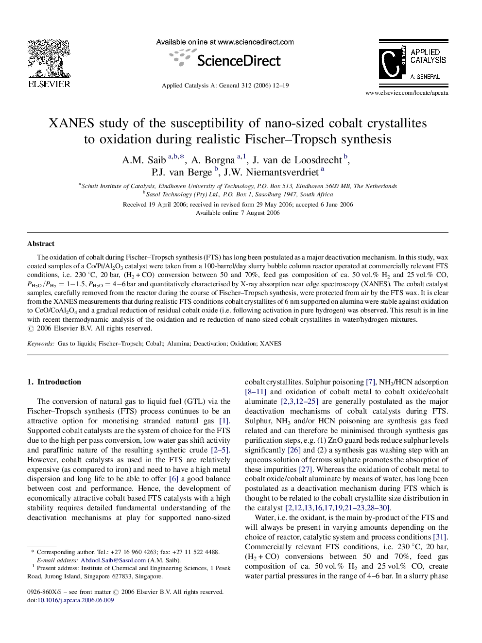 XANES study of the susceptibility of nano-sized cobalt crystallites to oxidation during realistic Fischer–Tropsch synthesis