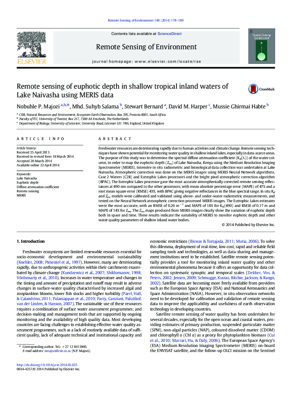 Remote sensing of euphotic depth in shallow tropical inland waters of Lake Naivasha using MERIS data