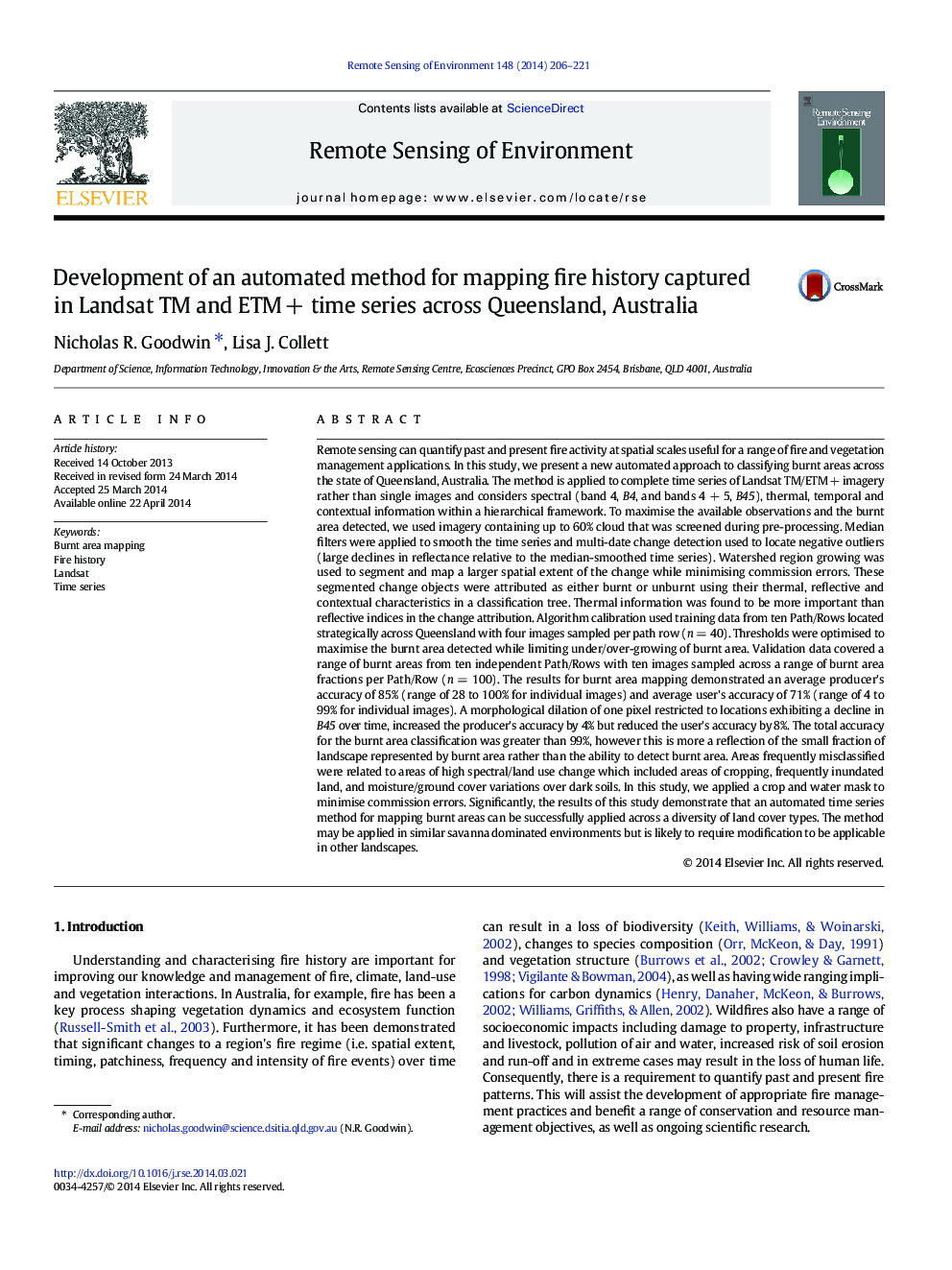 Development of an automated method for mapping fire history captured in Landsat TM and ETM + time series across Queensland, Australia