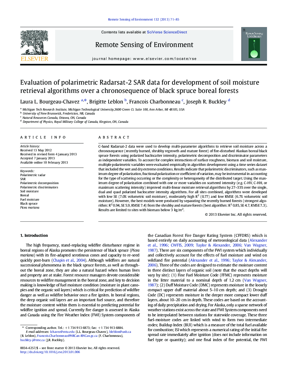 Evaluation of polarimetric Radarsat-2 SAR data for development of soil moisture retrieval algorithms over a chronosequence of black spruce boreal forests