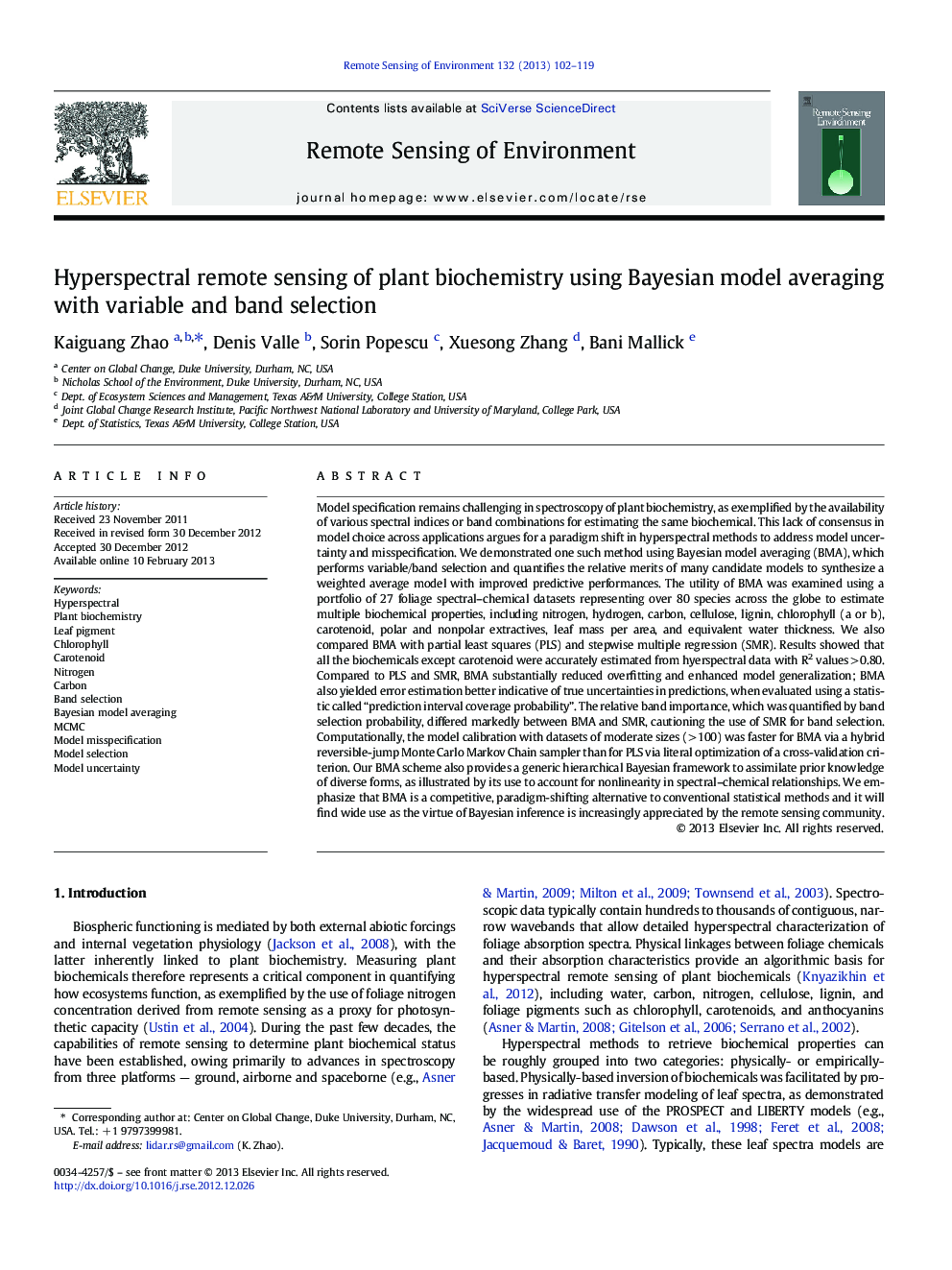 Hyperspectral remote sensing of plant biochemistry using Bayesian model averaging with variable and band selection