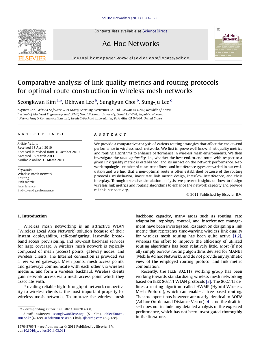 Comparative analysis of link quality metrics and routing protocols for optimal route construction in wireless mesh networks