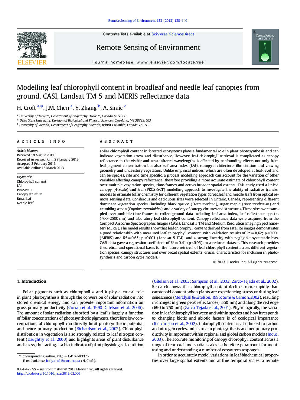 Modelling leaf chlorophyll content in broadleaf and needle leaf canopies from ground, CASI, Landsat TM 5 and MERIS reflectance data