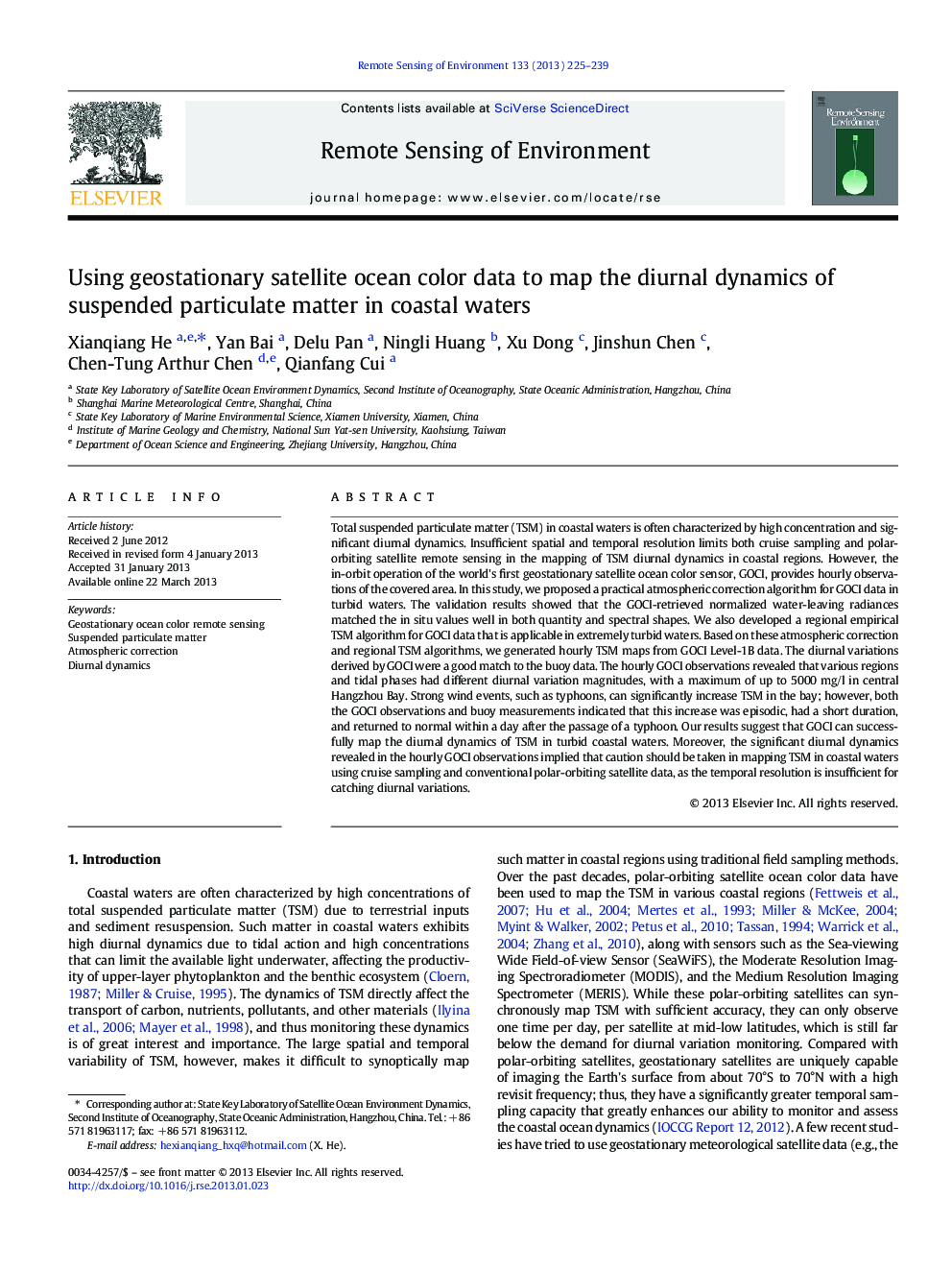 Using geostationary satellite ocean color data to map the diurnal dynamics of suspended particulate matter in coastal waters
