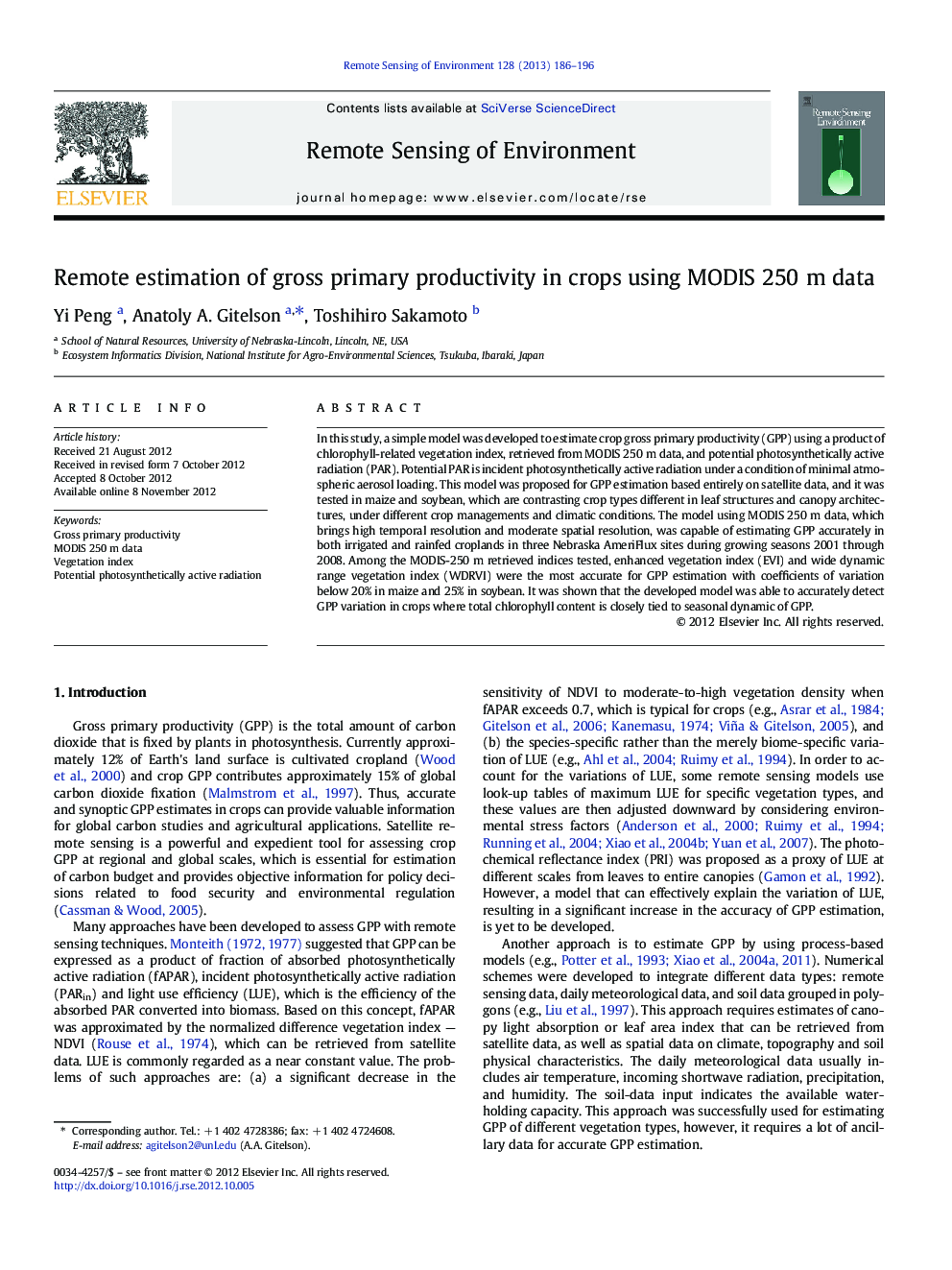 Remote estimation of gross primary productivity in crops using MODIS 250 m data