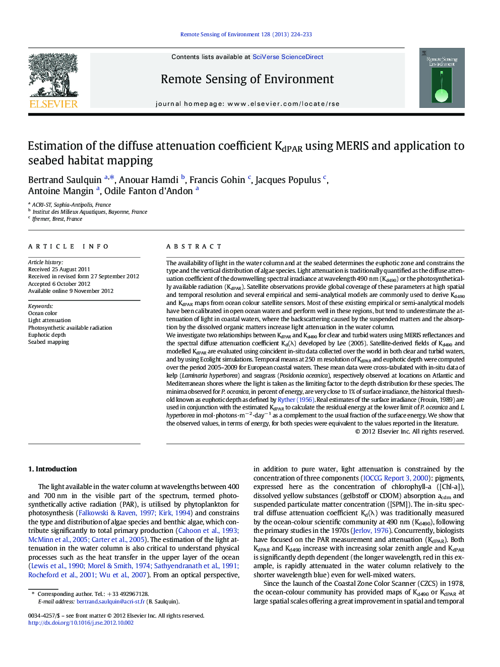 Estimation of the diffuse attenuation coefficient KdPAR using MERIS and application to seabed habitat mapping