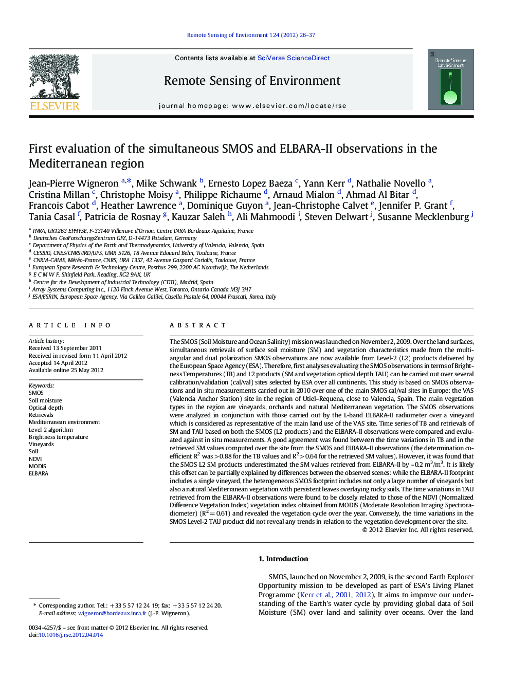 First evaluation of the simultaneous SMOS and ELBARA-II observations in the Mediterranean region