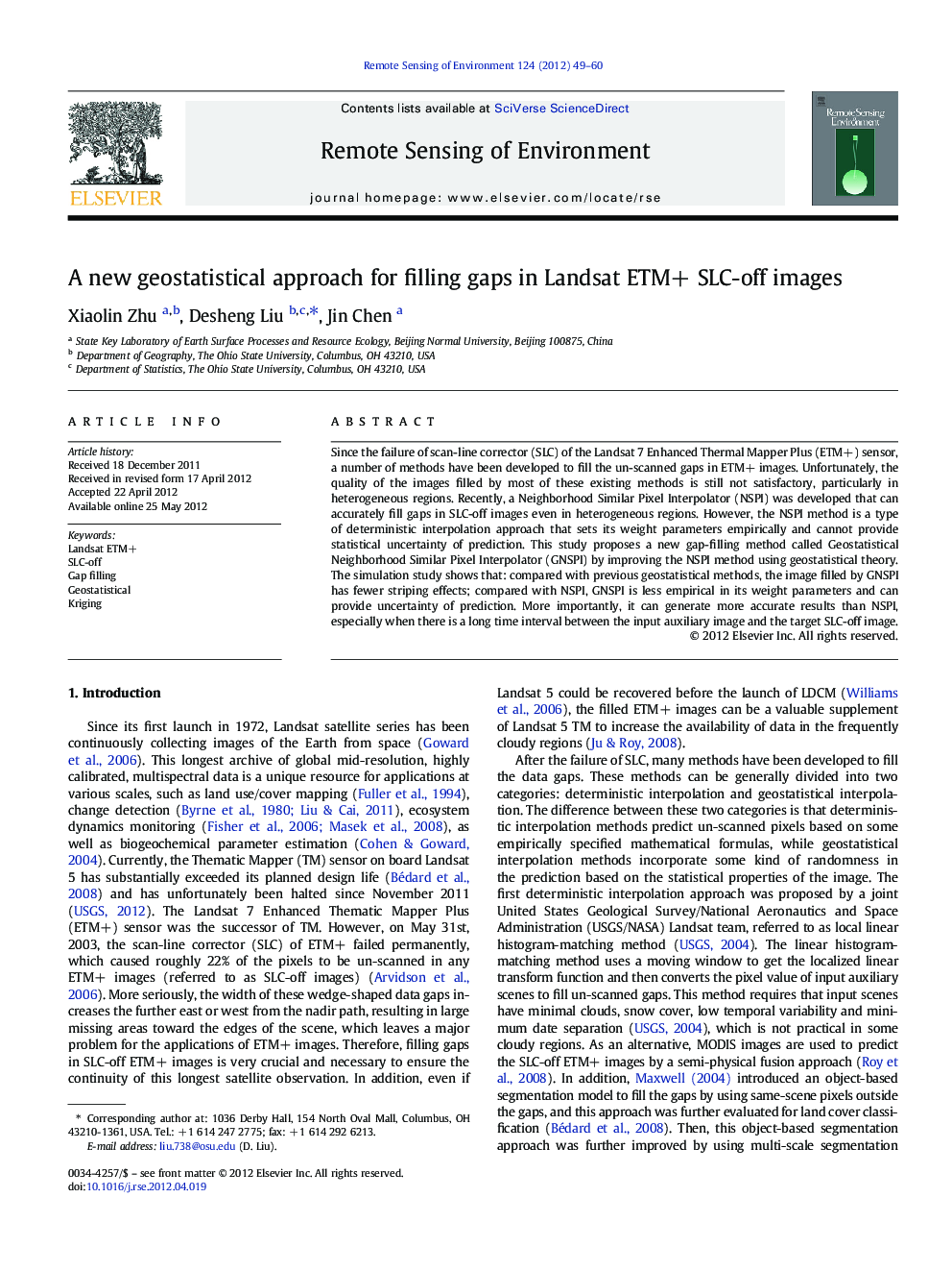 A new geostatistical approach for filling gaps in Landsat ETM+ SLC-off images