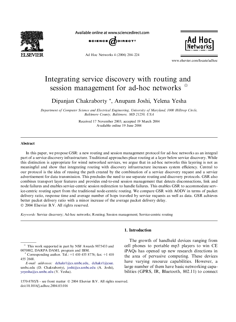 Integrating service discovery with routing and session management for ad-hoc networks 