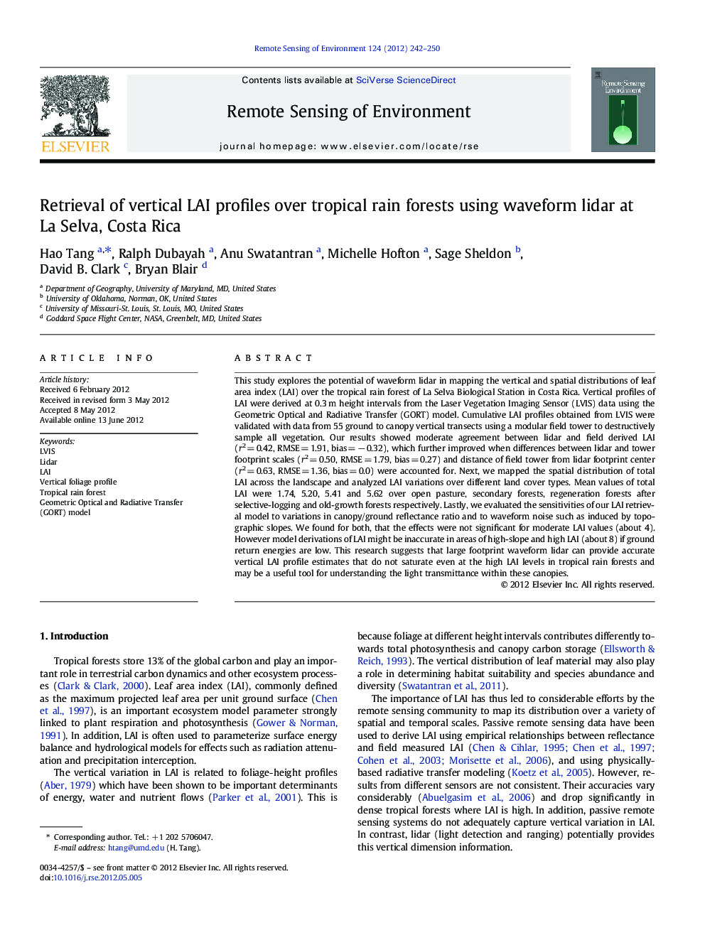 Retrieval of vertical LAI profiles over tropical rain forests using waveform lidar at La Selva, Costa Rica