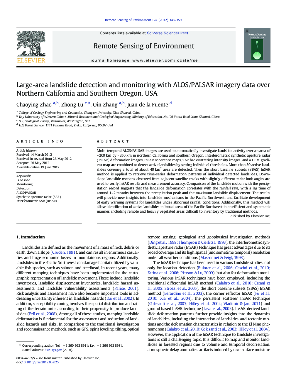 Large-area landslide detection and monitoring with ALOS/PALSAR imagery data over Northern California and Southern Oregon, USA