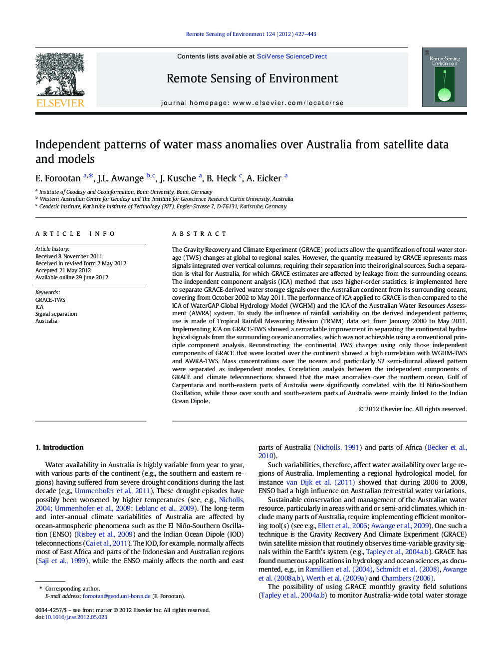 Independent patterns of water mass anomalies over Australia from satellite data and models