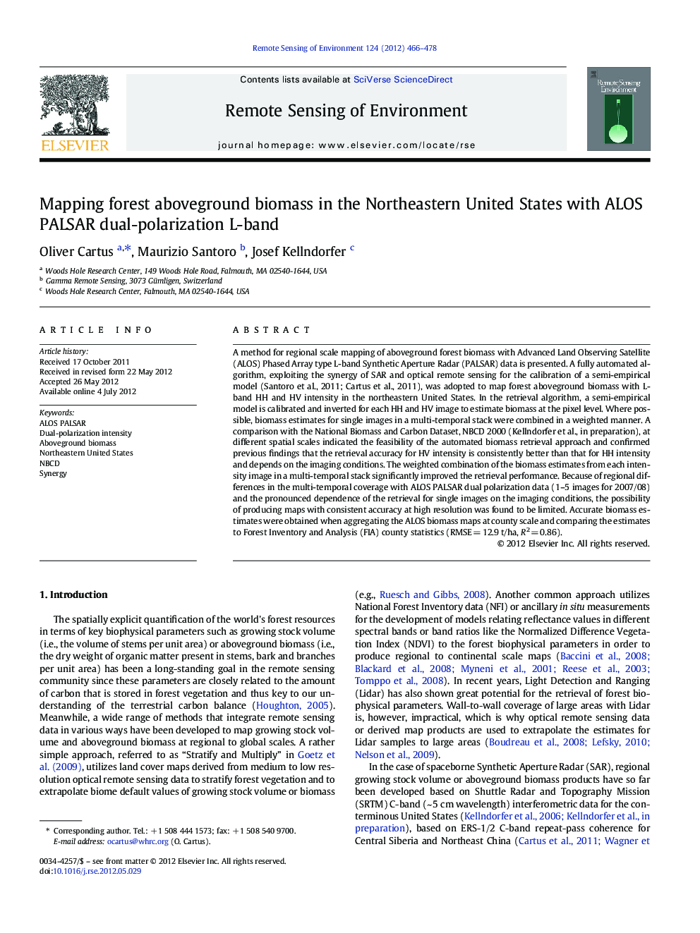 Mapping forest aboveground biomass in the Northeastern United States with ALOS PALSAR dual-polarization L-band