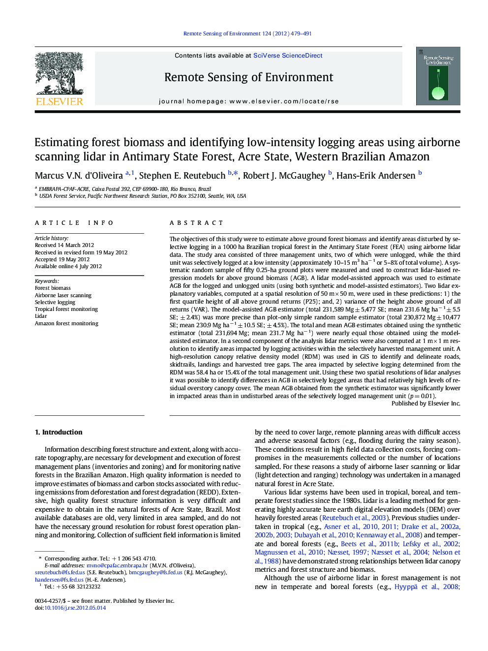 Estimating forest biomass and identifying low-intensity logging areas using airborne scanning lidar in Antimary State Forest, Acre State, Western Brazilian Amazon