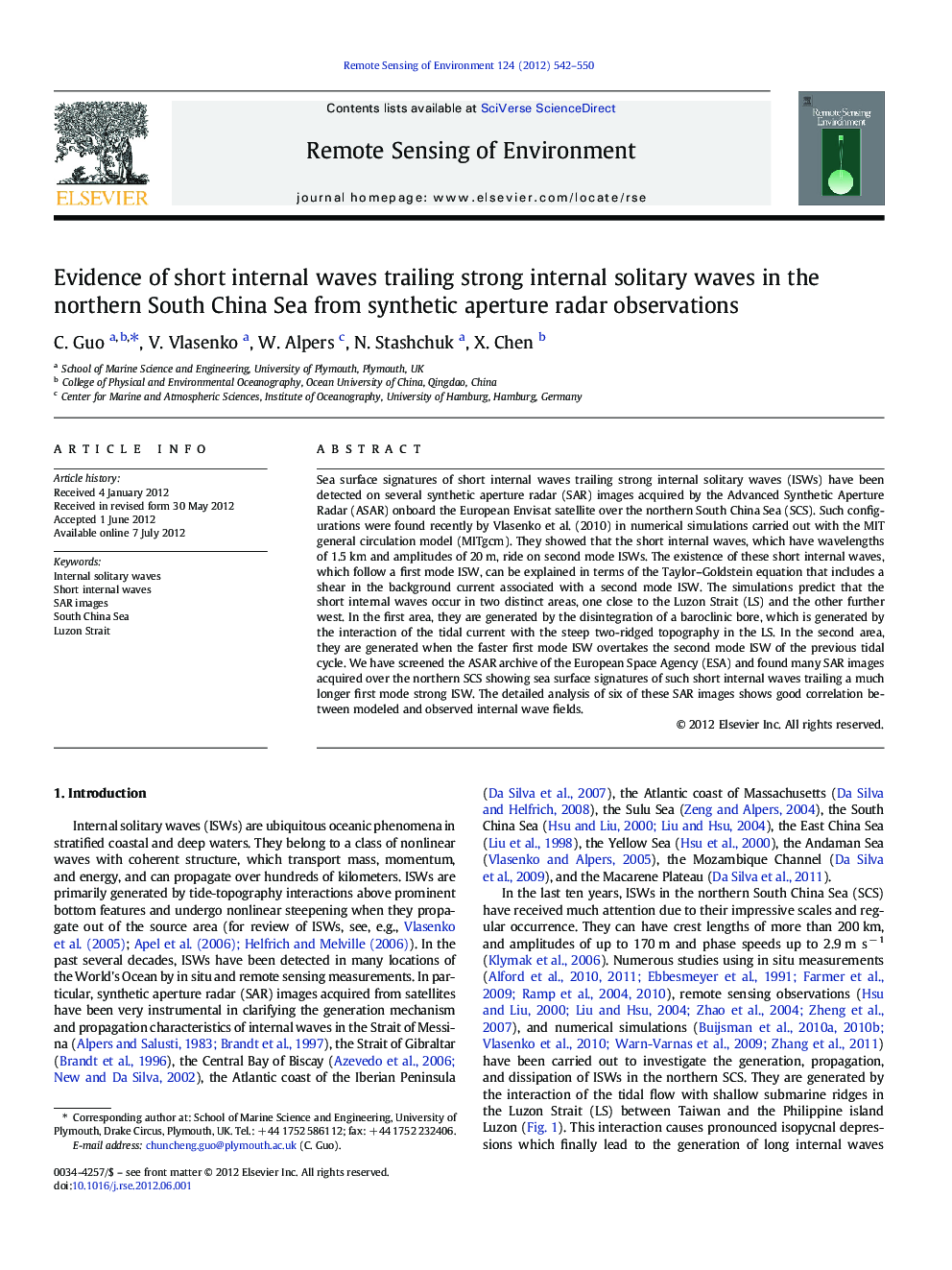 Evidence of short internal waves trailing strong internal solitary waves in the northern South China Sea from synthetic aperture radar observations