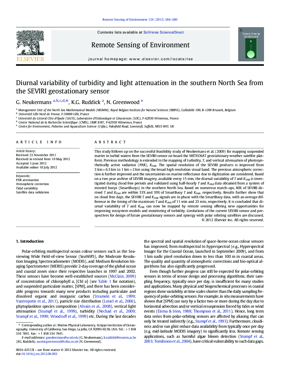 Diurnal variability of turbidity and light attenuation in the southern North Sea from the SEVIRI geostationary sensor