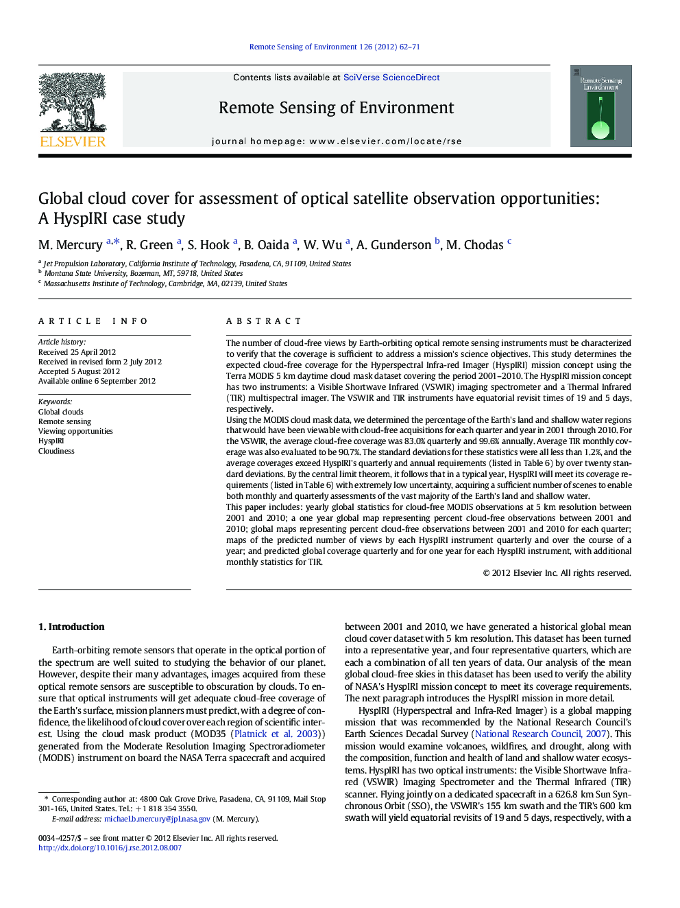 Global cloud cover for assessment of optical satellite observation opportunities: A HyspIRI case study